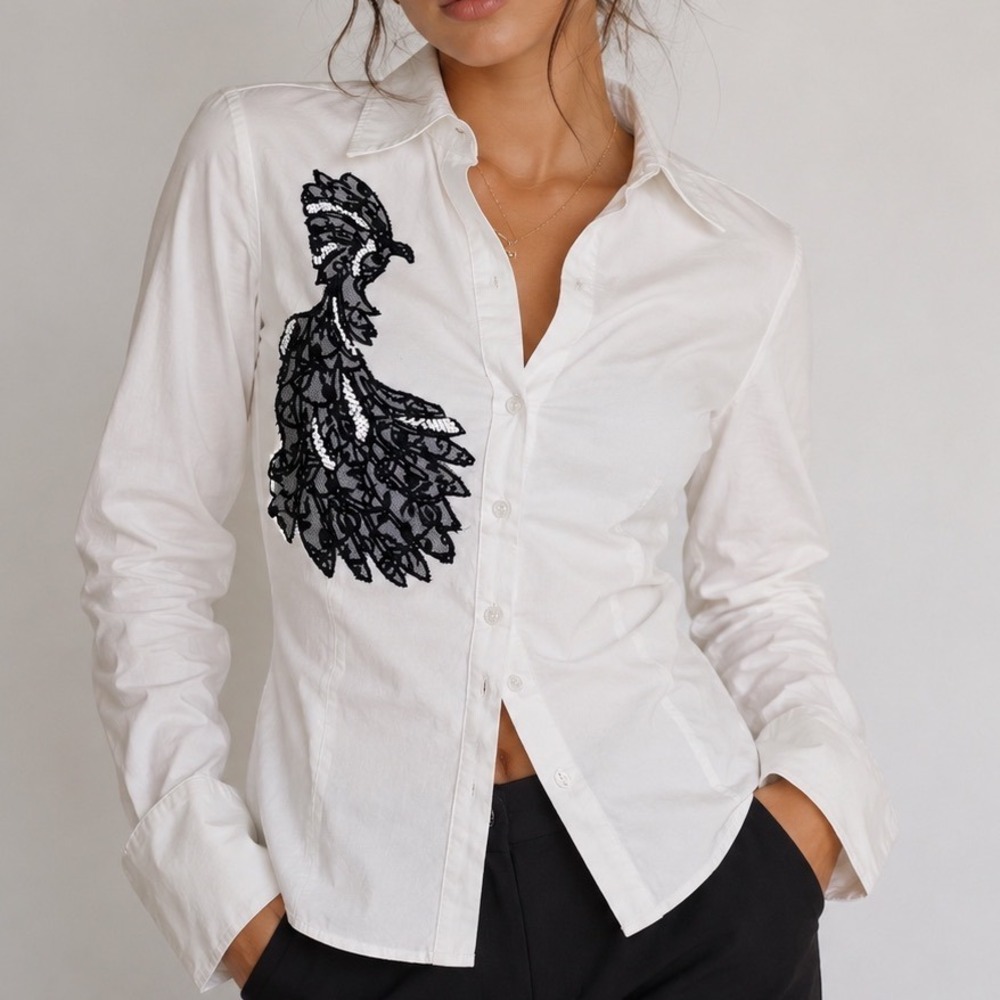 7th Avenue New York & Company White Button Up Blouse Lace Bird Applique Large